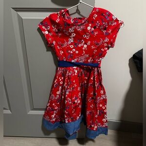 Petit Bateau Red Floral Dress with Blue & White Accents for Girls -Size: 5 years
